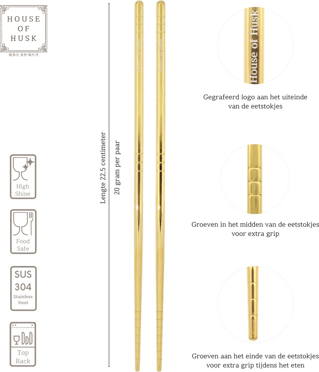 House Of Husk Chopsticks Set - Koreaanse Eetstokjes - Vaatwasserbestendig - RVS - 5 Paar - Goud 2 House Of Husk Chopsticks Set - Koreaanse Eetstokjes - Vaatwasserbestendig - RVS - 5 Paar - Goud - Afbeelding 2