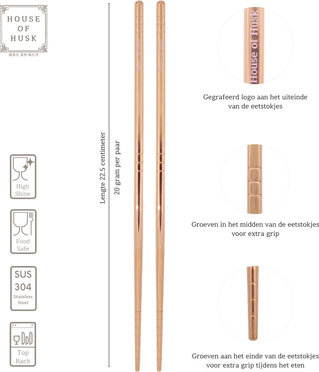 House Of Husk Chopsticks Set - Koreaanse Eetstokjes - Vaatwasserbestendig - RVS - 5 Paar - Rose Goud 2 House Of Husk Chopsticks Set - Koreaanse Eetstokjes - Vaatwasserbestendig - RVS - 5 Paar - Rose Goud - Afbeelding 2