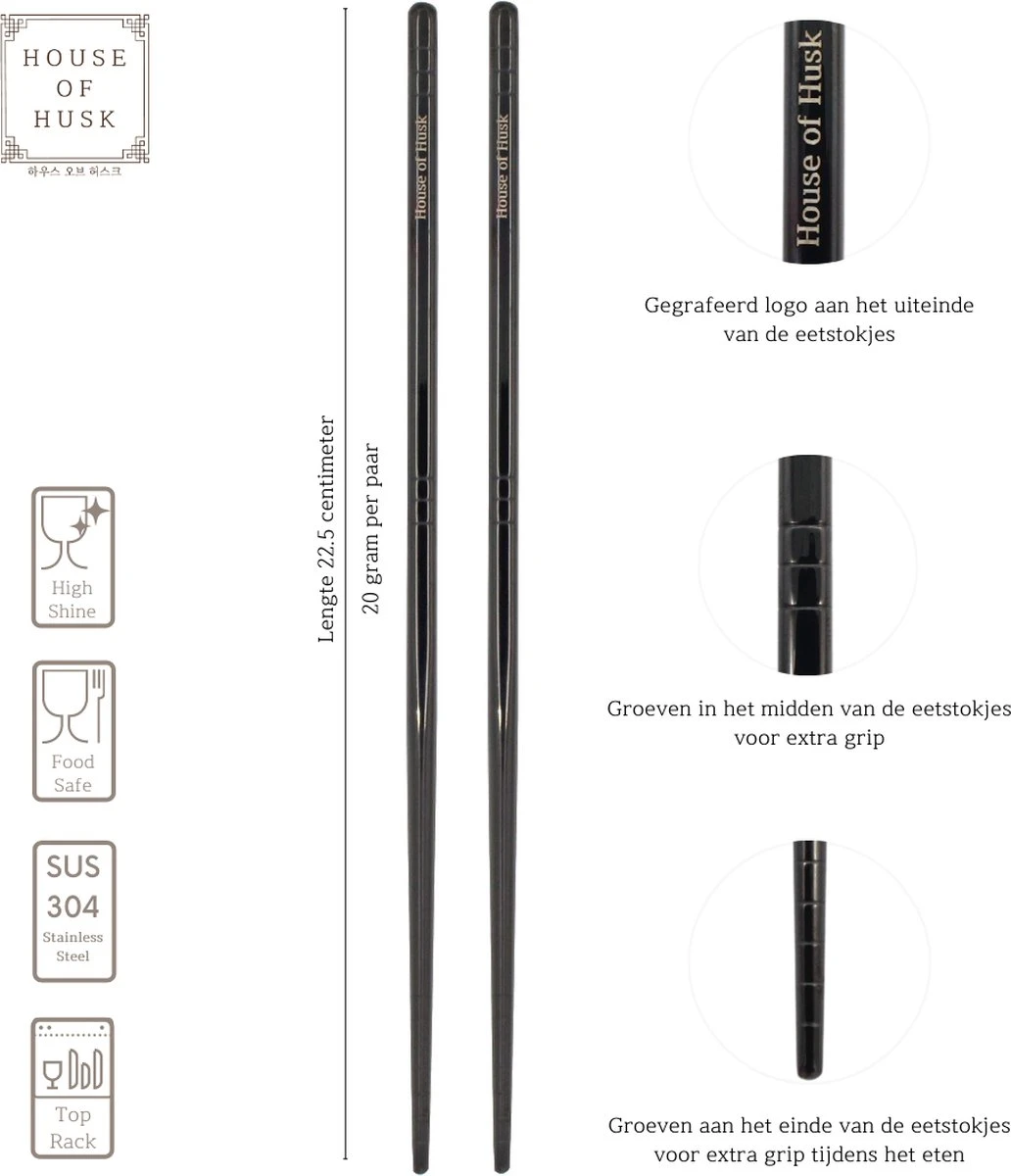 House Of Husk Chopsticks Set - Koreaanse Eetstokjes - Vaatwasserbestendig - RVS - 5 Paar - Zwart 2 House Of Husk Chopsticks Set - Koreaanse Eetstokjes - Vaatwasserbestendig - RVS - 5 Paar - Zwart - Afbeelding 2