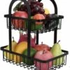 Fruitschaal Etagere 2 Lagen Voor Keuken - Rond - Large - 30x18x32 - Fruitmand Zwart Metaal - Keuken Organizer - Industrieel