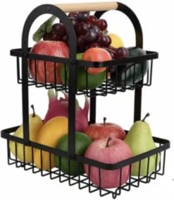 Fruitschaal Etagere 2 Lagen Voor Keuken - Rond - Large - 30x18x32 - Fruitmand Zwart Metaal - Keuken Organizer - Industrieel
