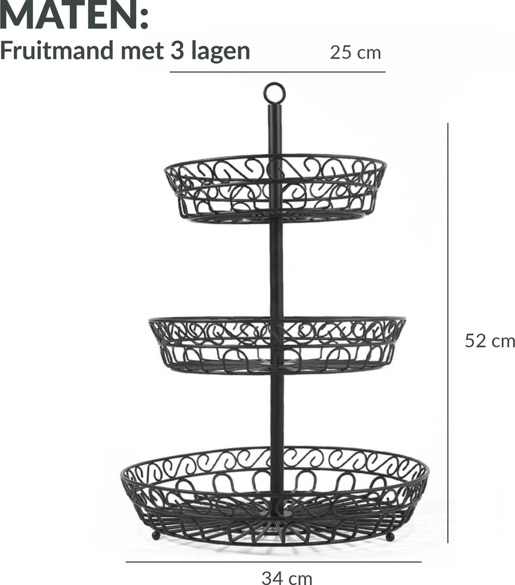 Chefarone Fruit Etagère 3 Laags - Fruitmand Metaal - Fruitschaal - Groentemand - Opberger - Zwart 2 Chefarone Fruit Etagère 3 Laags - Fruitmand Metaal - Fruitschaal - Groentemand - Opberger - Zwart - Afbeelding 2
