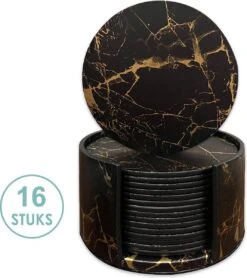 Luxe Leren Marmeren Onderzetters Met Houder - 16 Stuks - Onderleggers Voor Glazen - Glasonderzetters Voor Op Tafel - Coasters - Zwart / Goud - Rond