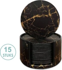 Luxe Leren Marmeren Onderzetters Met Houder - 15 Stuks - Onderleggers Voor Glazen - Glasonderzetters Voor Op Tafel - Coasters - Zwart / Goud - Rond