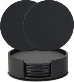 Castagnola Lederen Onderzetters Met Houder – Onderzetters Voor Glazen – Onderzetters Design – Onderzettersset – Drink Onderzetters – Leder – Leren Onderzetters – Set Van 6 – Zwart