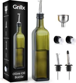 GrillX Olijfolie Fles Met Schenktuit - 500ml - Glazen Oliefles - Inclusief Schenkteut, Trechter & Accessoires - BBQ Accesoires - Sprayer