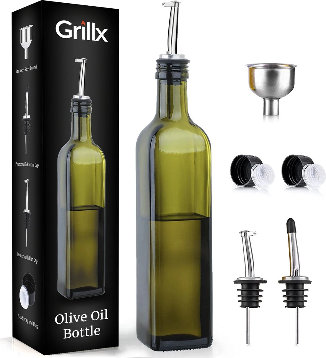 GrillX Olijfolie Fles Met Schenktuit - 500ml - Glazen Oliefles - Inclusief Schenkteut, Trechter & Accessoires - BBQ Accesoires - Sprayer 1 GrillX Olijfolie Fles Met Schenktuit - 500ml - Glazen Oliefles - Inclusief Schenkteut, Trechter & Accessoires - BBQ Accesoires - Sprayer