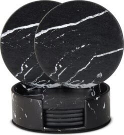 Castagnola Lederen Onderzetters Met Houder – Onderzetters Voor Glazen – Onderzetters Design – Onderzettersset – Drink Onderzetters – Leder – Leren Onderzetters – Set Van 6 – Zwart/Wit