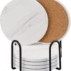 Sincer Keramische Onderzetters Voor Glazen Met Houder – Set Van 6 Witte Keramische/Marmeren Onderleggers –Luxe/Modern Design - Premium Kwaliteit – Kurken Antislip Onderkant – Hittebestendig – Zeer Absorberend – Rond – Duurzaam/Milieuvriendelijk
