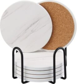 Sincer Keramische Onderzetters Voor Glazen Met Houder – Set Van 6 Witte Keramische/Marmeren Onderleggers –Luxe/Modern Design - Premium Kwaliteit – Kurken Antislip Onderkant – Hittebestendig – Zeer Absorberend – Rond – Duurzaam/Milieuvriendelijk