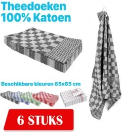 Theedoekenset - Glazendoeken - Blok Zwart - 65x65 - Set Van 6 - Geblokt - Blokdoeken - 100% Katoen - Horeca Theedoeken - Horeca - Glazendoeken