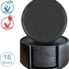 Luxe Leren Onderzetters Met Houder - 16 Stuks - Onderleggers Voor Glazen - Glasonderzetters Voor Op Tafel - Coasters - Zwart - Rond