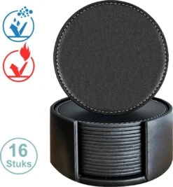 Luxe Leren Onderzetters Met Houder - 16 Stuks - Onderleggers Voor Glazen - Glasonderzetters Voor Op Tafel - Coasters - Zwart - Rond