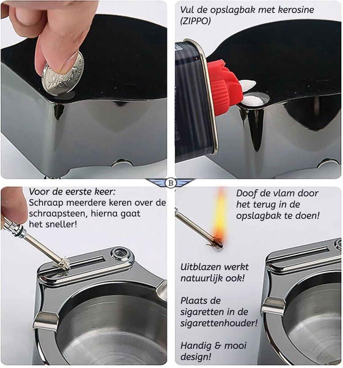 Boscer® Asbak Met Aansteker | Goud RVS | Aansteker Kerosine | Sigarettenhouder | Luxe Asbak | Aansteker | Vuursteen 5 Boscer® Asbak Met Aansteker | Goud RVS | Aansteker Kerosine | Sigarettenhouder | Luxe Asbak | Aansteker | Vuursteen - Afbeelding 5