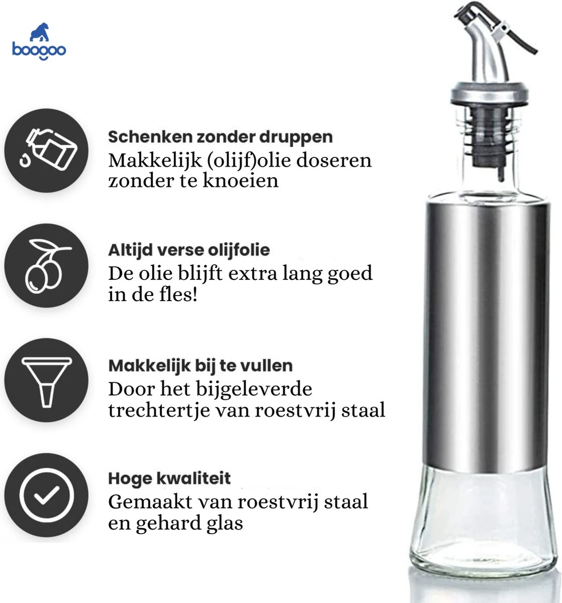 BooGoo® - RVS Oliefles Deluxe - Oliefles Met Schenktuit En Accessoires - Olijfolie Fles - Olie Fles Glas 4 BooGoo® - RVS Oliefles Deluxe - Oliefles Met Schenktuit En Accessoires - Olijfolie Fles - Olie Fles Glas - Afbeelding 4
