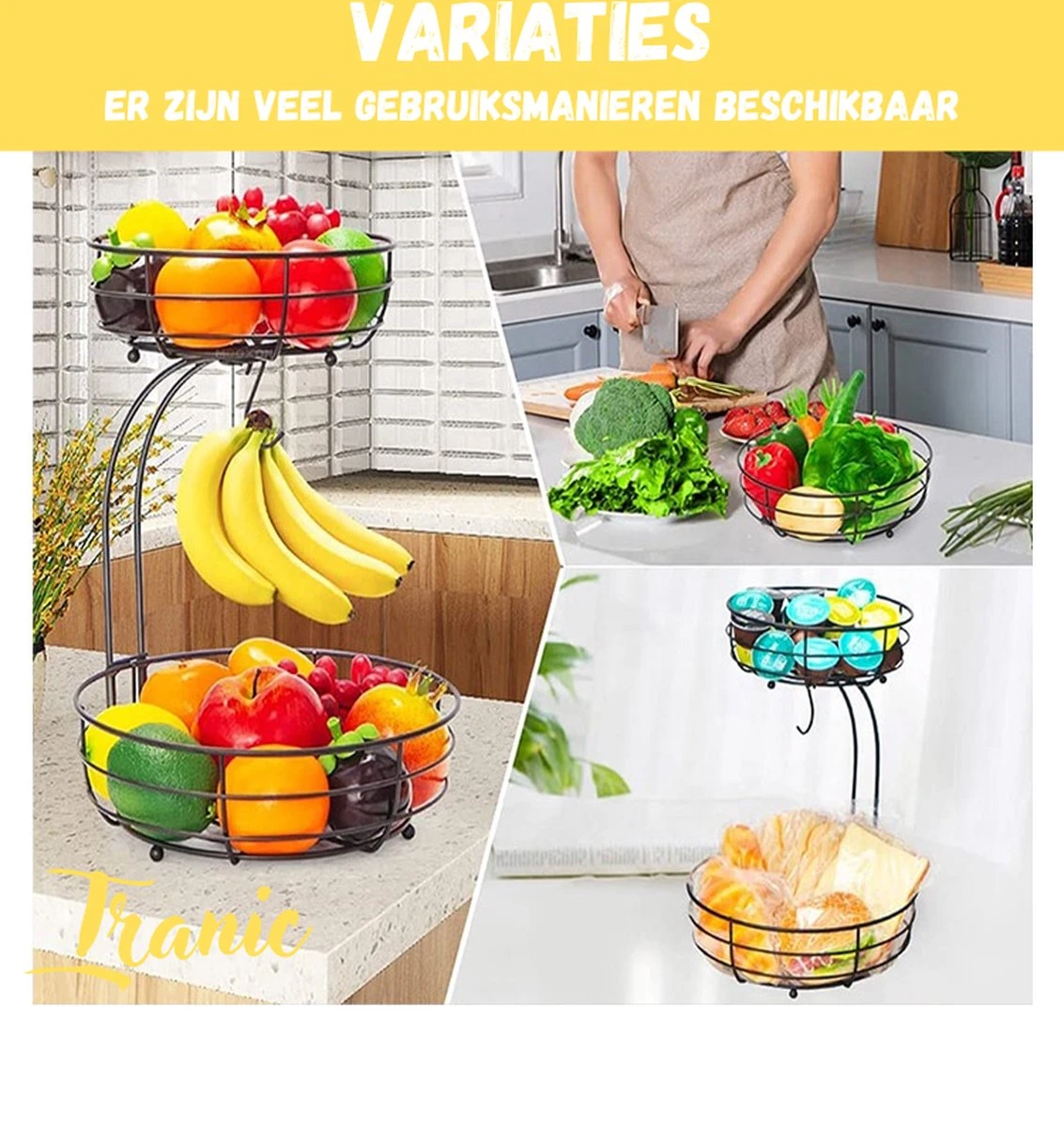 Tranic Fruitschaal - Fruitmand - Zwart Metaal - Etagere - Keuken Organizer 4 Tranic Fruitschaal - Fruitmand - Zwart Metaal - Etagere - Keuken Organizer - Afbeelding 4