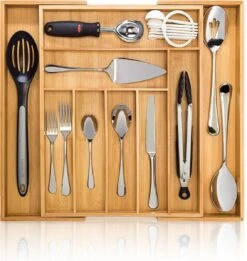ACAZA Uitschuifbare Bestekbak In Bamboe Hout, Besteklade Met 7 Tot 9 Vakken, Ladeverdeler, Opbergbak, Bestekcassette, Verstelbaar