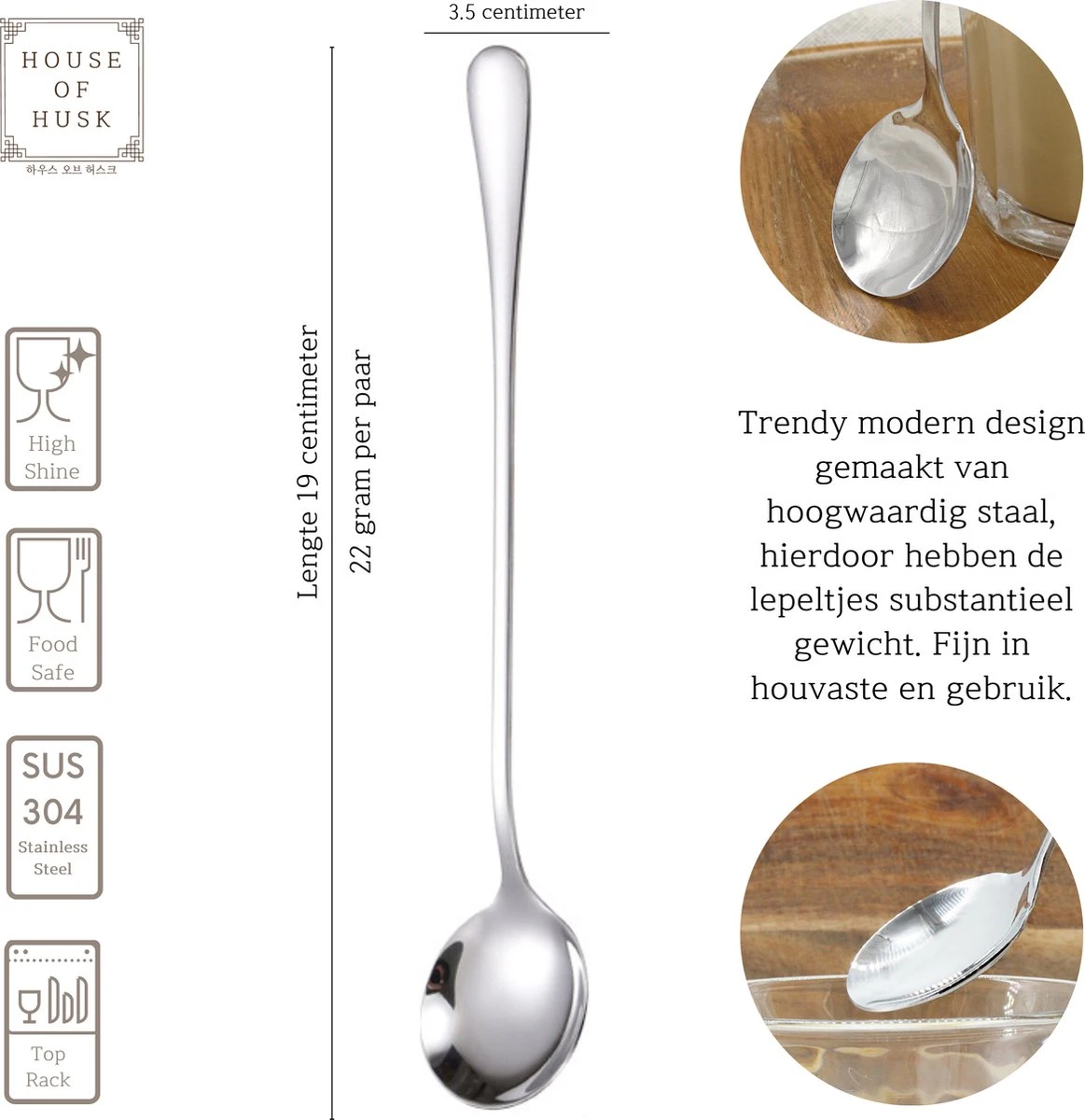 House Of Husk Latte Macchiato Lepels Set - Lange Theelepels - Koffielepels - Longdrinklepels - Sorbetlepels - Barlepel - RVS - 6 Stuks - 19CM - Zilver 2 House Of Husk Latte Macchiato Lepels Set - Lange Theelepels - Koffielepels - Longdrinklepels - Sorbetlepels - Barlepel - RVS - 6 Stuks - 19CM - Zilver - Afbeelding 2