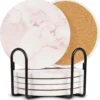 Castagnola Keramische Onderzetters Met Houder – Onderzetters Voor Glazen – Onderzetters Design – Onderzettersset – Drink Onderzetters – Keramisch – Kurk – Set Van 6 – Roze/Wit