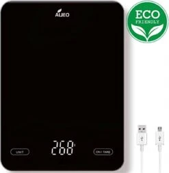 ALJEO Oplaadbare Digitale Precisie Keukenweegschaal - 1g Tot 10kg - Weegschaal Keuken - Tarra Functie - Incl Oplader - Gehard Glas - Zwart