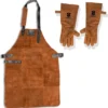 Leren Schort Suede + Handschoenen | LICHT BRUIN (Cognac) | BBQ Schort - Lederen Kookschort – Man - 81 X 56 Cm