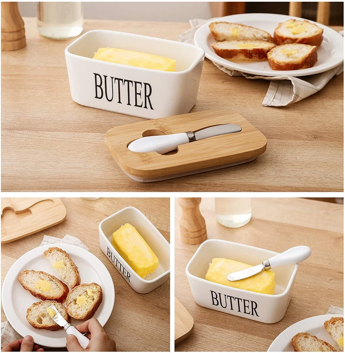 KitchenMonster® Botervloot Met Botermes - 600 Ml Botervlootje Vershouddoos Van Porselein En Bamboe - Botervloot Met Deksel Wit 4 KitchenMonster® Botervloot Met Botermes - 600 Ml Botervlootje Vershouddoos Van Porselein En Bamboe - Botervloot Met Deksel Wit - Afbeelding 4