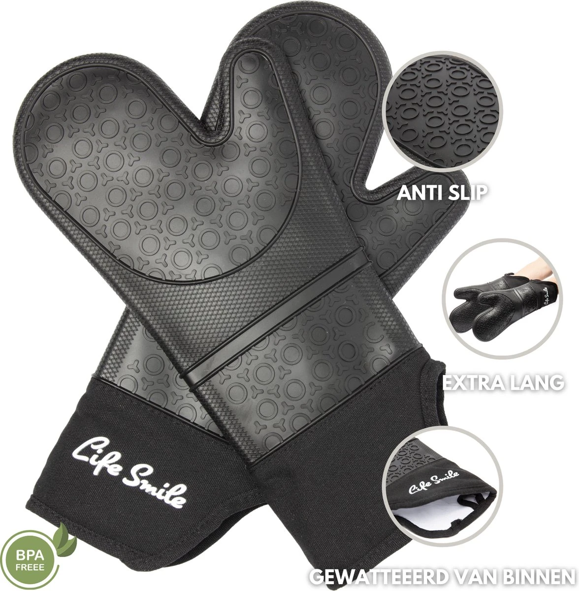 Ovenwanten - 2 Stuks - Bescherming Tot 230 °C - Zwart - Siliconen - Flexibel 2 Ovenwanten - 2 Stuks - Bescherming Tot 230 °C - Zwart - Siliconen - Flexibel - Afbeelding 2