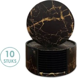 Luxe Leren Marmeren Onderzetters Met Houder - 10 Stuks - Onderleggers Voor Glazen - Glasonderzetters Voor Op Tafel - Coasters - Zwart / Goud - Rond