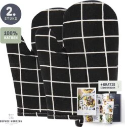 Ovenwanten Van Sophie Nordinn® - Ovenhandschoenen Lund (Raster Zwart) - Ovenwanten 2 Stuks - Katoen