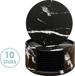 Luxe Leren Marmeren Onderzetters Met Houder - 10 Stuks - Onderleggers Voor Glazen - Glasonderzetters Voor Op Tafel - Coasters - Zwart / Wit - Rond