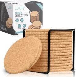 Kurken Onderzetters Met Houder - 16 Stuks - Onderleggers Voor Glazen - Glasonderzetters Voor Op Tafel - Coasters - Rond
