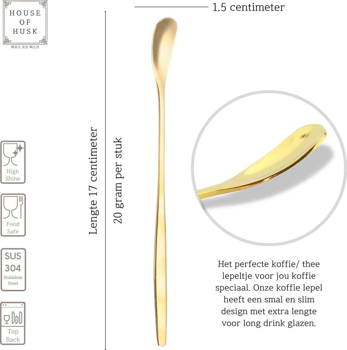 House Of Husk Latte Macchiato Lepels Set - Lange Theelepels - Koffielepels - Longdrinklepels - Barlepel - RVS - 6 Stuks - 17CM - Goud 2 House Of Husk Latte Macchiato Lepels Set - Lange Theelepels - Koffielepels - Longdrinklepels - Barlepel - RVS - 6 Stuks - 17CM - Goud - Afbeelding 2