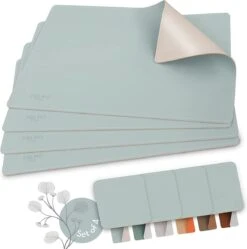 Sølmo I Designer Placemat PU Leather, Hittebestendig Twee Kleuren I 4st Placemat Afveegbaar Met Onderzetter, Placemat Leer, Placemat Leer, Placemat Kinderen (Hemelsblauw/Zilver)