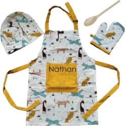 Kinder Kookschort Gepersonaliseerd Met Ovenwant, Koksmuts En Pollepel - Met Naam - Keukenschort - Verkleedkleding