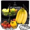 Chefarone Fruit Etagère Met Bananenstandaard - Fruitmand Metaal - Bananenhouder - Fruitschaal 2 Laags - Groentemand - Zwart