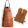 Leren Schort + Leren Handschoenen - Lederen Schort – LICHT BRUIN (Cognac) - Kokschort - BBQ Schort - Kookschort - Vaderdag - Kerst Cadeau Voor Man Vader Opa Papa – 81 Cm X 56 Cm Inclusief Handschoenen Voor De Barbecue