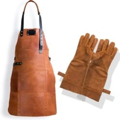 Leren Schort + Leren Handschoenen - Lederen Schort – LICHT BRUIN (Cognac) - Kokschort - BBQ Schort - Kookschort - Vaderdag - Kerst Cadeau Voor Man Vader Opa Papa – 81 Cm X 56 Cm Inclusief Handschoenen Voor De Barbecue