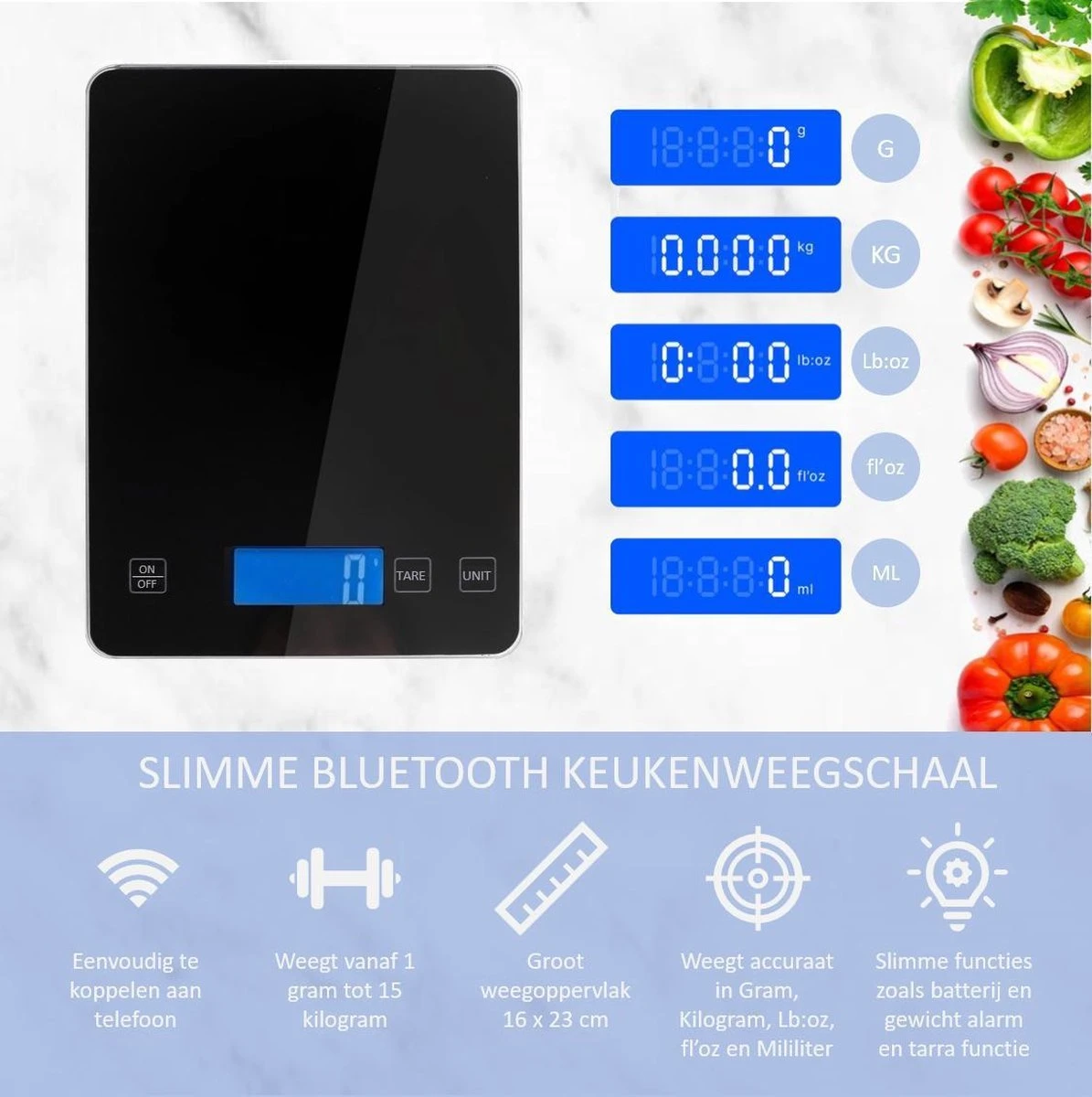 Hermanos® Digitale Precisie Keukenweegschaal - Weegschaal Keuken - 1 Gr Tot 15 Kg - Tarra Functie - Bluetooth Met Voedingsapp - Incl. Batterijen - Zwart 6 Hermanos® Digitale Precisie Keukenweegschaal - Weegschaal Keuken - 1 Gr Tot 15 Kg - Tarra Functie - Bluetooth Met Voedingsapp - Incl. Batterijen - Zwart - Afbeelding 6