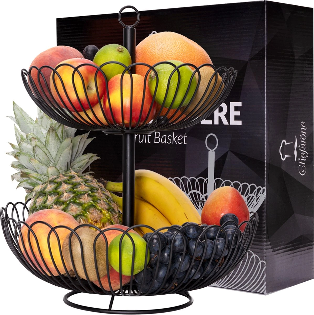 Chefarone Fruit Etagère 2 Laags - Fruitmand Metaal - Fruitschaal - Groentemand - Opberger - Zwart 9 Chefarone Fruit Etagère 2 Laags - Fruitmand Metaal - Fruitschaal - Groentemand - Opberger - Zwart - Afbeelding 9