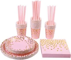 Wegwerp Servies Set 25 Personen - Borden En Bekers Feestartikelen - 25 Gasten – Roze Goud - Feestservies