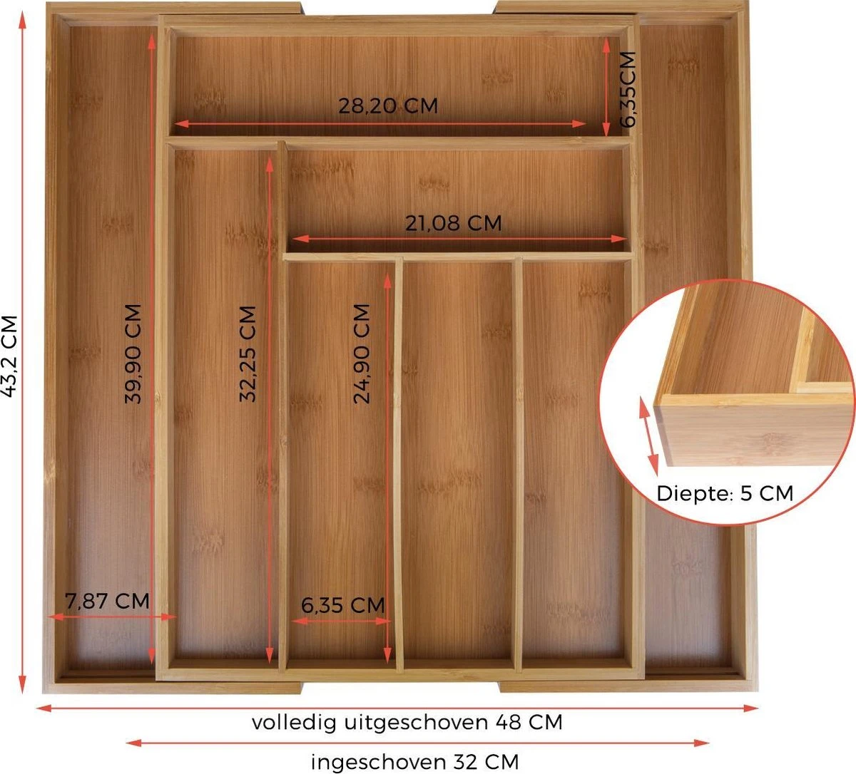 KitchenBrothers Bestekbak - Verstelbare Besteklade - 30 Tot 44.5cm - Bamboehout 7 KitchenBrothers Bestekbak - Verstelbare Besteklade - 30 Tot 44.5cm - Bamboehout - Afbeelding 7