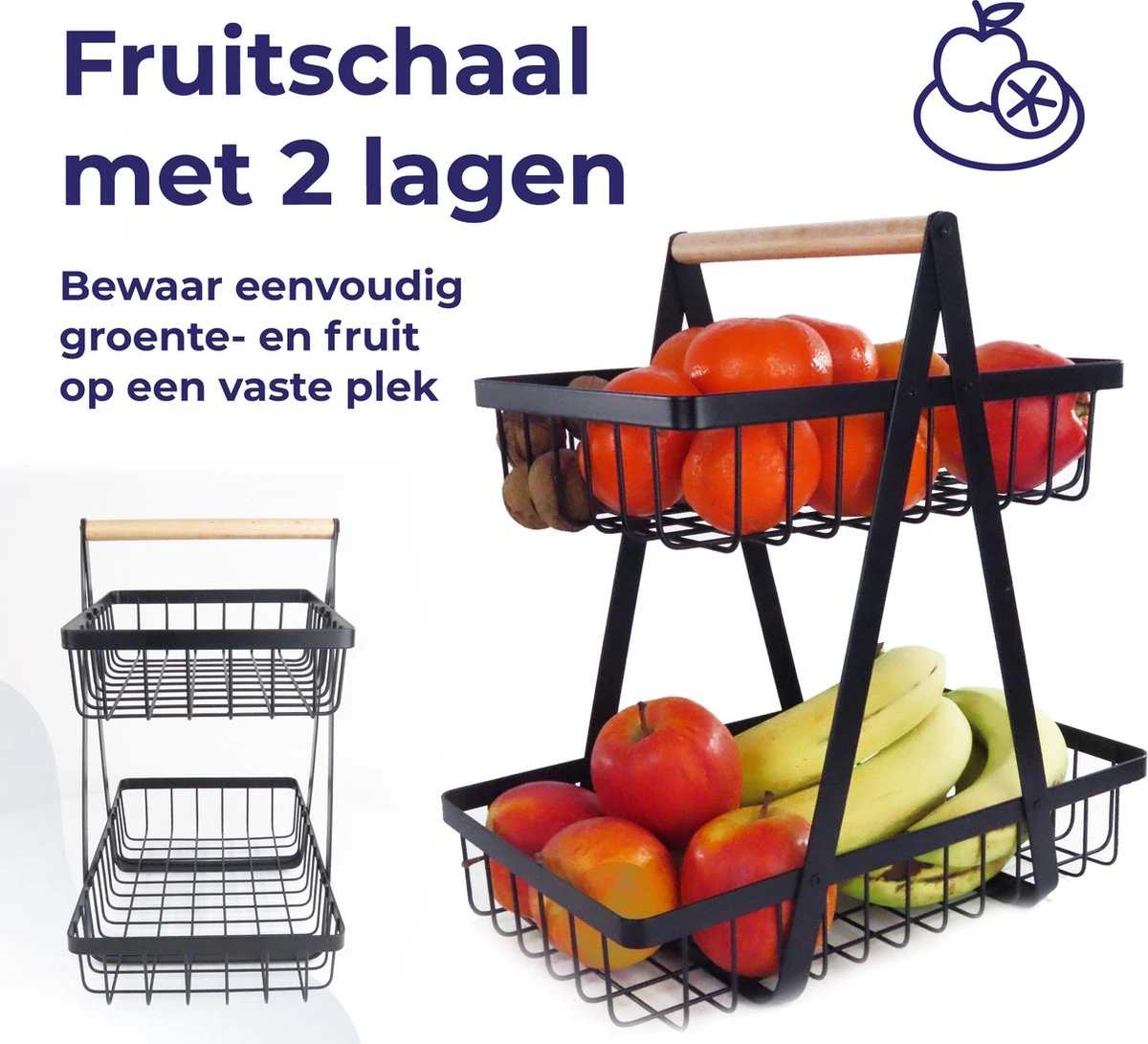 Fruitschaal Etagere 2 Lagen Voor Keuken - Large - 30x18x32 - Fruitmand Zwart Metaal - Keuken Organizer - Industrieel 3 Fruitschaal Etagere 2 Lagen Voor Keuken - Large - 30x18x32 - Fruitmand Zwart Metaal - Keuken Organizer - Industrieel - Afbeelding 3