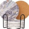 Castagnola Keramische Onderzetters Met Houder – Onderzetters Voor Glazen – Onderzetters Design – Onderzettersset – Drink Onderzetters – Keramisch – Kurk – Set Van 6 – Grijs/Goud