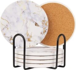 Castagnola Keramische Onderzetters Met Houder – Onderzetters Voor Glazen – Onderzetters Design – Onderzettersset – Drink Onderzetters – Keramisch – Kurk – Set Van 6 – Wit/Goud