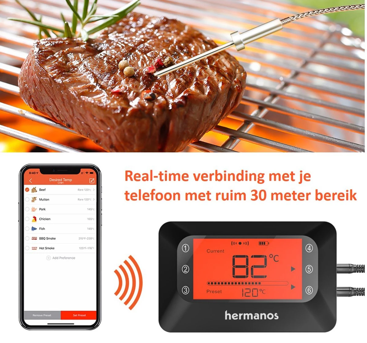 Hermanos® Digitale BBQ Thermometer Draadloos - Vleesthermometer - Oventhermometer - Bluetooth Met App - 6 Meetsondes - Magneet - Incl. Batterijen 2 Hermanos® Digitale BBQ Thermometer Draadloos - Vleesthermometer - Oventhermometer - Bluetooth Met App - 6 Meetsondes - Magneet - Incl. Batterijen - Afbeelding 2