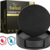 Swissl Leren Onderzetters Voor Glazen - 6 Onderleggers Met Houder - Zwarte Ronde Glasonderzetters Voor Op Tafel - Coasters - Vlak