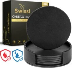 Swissl Leren Onderzetters Voor Glazen - 6 Onderleggers Met Houder - Zwarte Ronde Glasonderzetters Voor Op Tafel - Coasters - Vlak