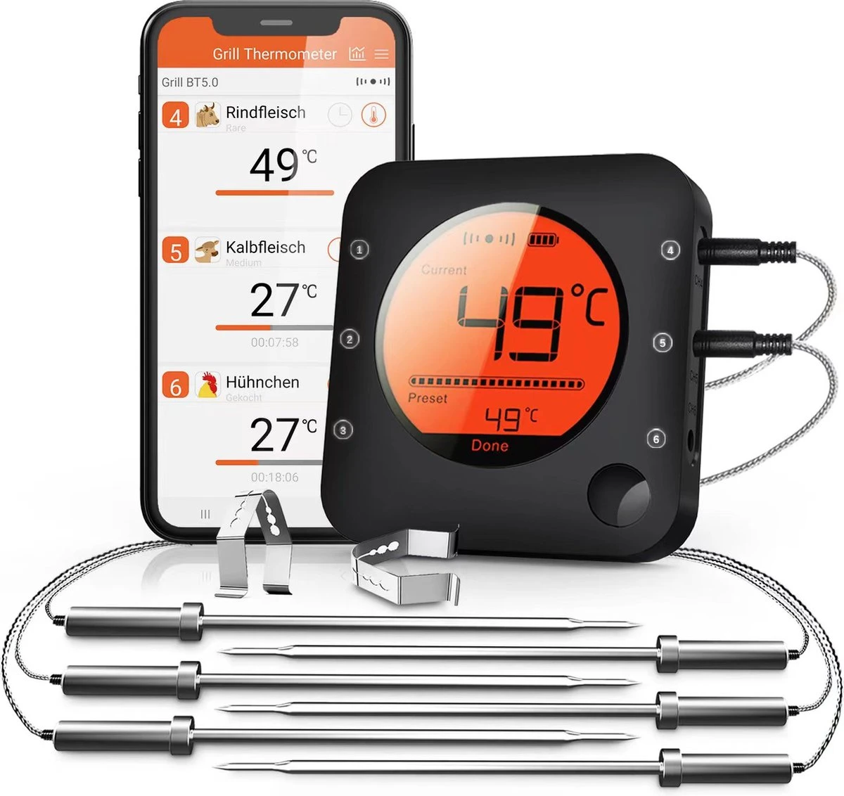 Claire BF-5 BBQ Thermometer - Vleesthermometer - Oventhermometer - Draadloos Met App - Incl. Batterijen En 6 Meetsondes 1 Claire BF-5 BBQ Thermometer - Vleesthermometer - Oventhermometer - Draadloos Met App - Incl. Batterijen En 6 Meetsondes