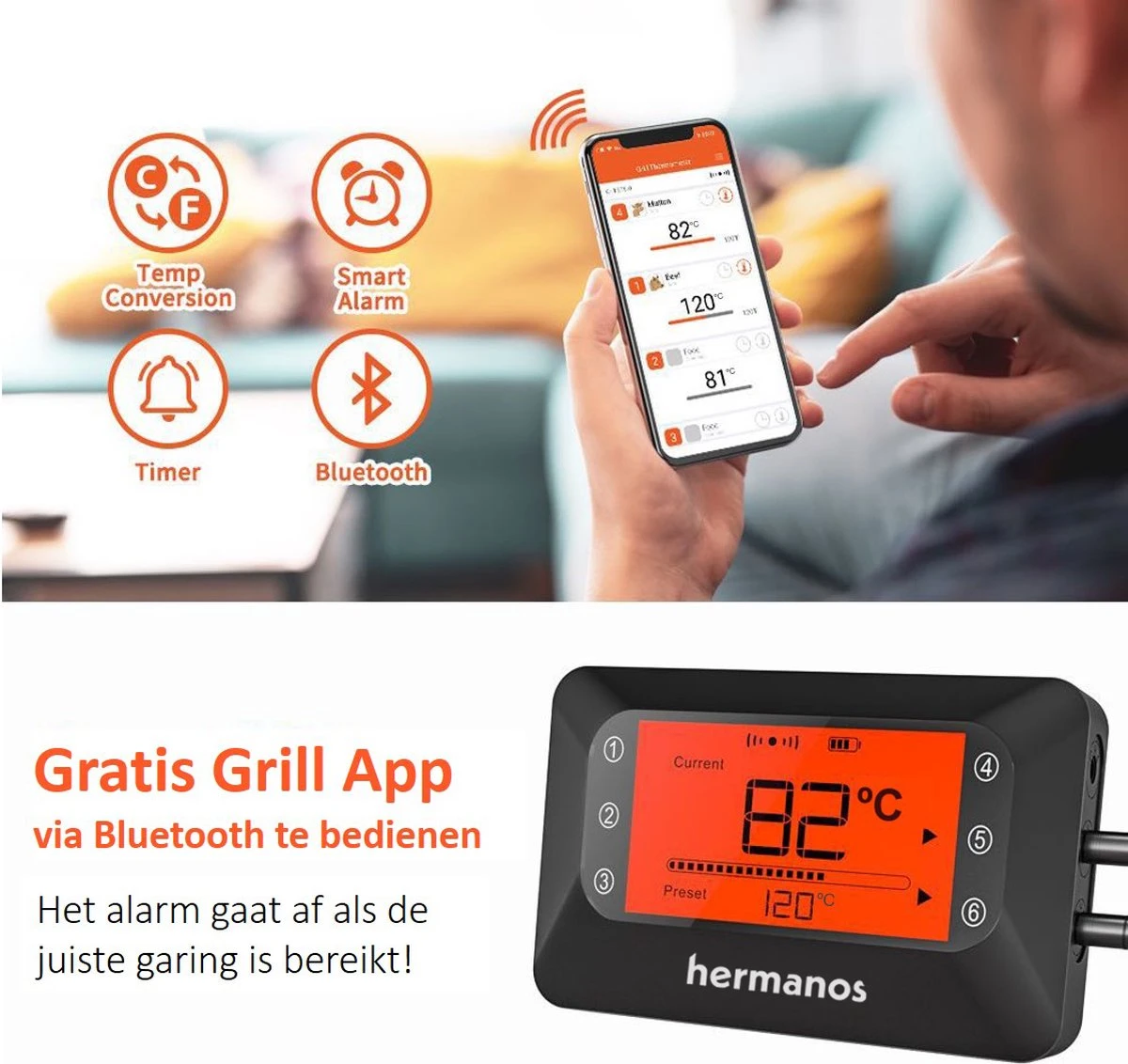 Hermanos® Digitale BBQ Thermometer Draadloos - Vleesthermometer - Oventhermometer - Bluetooth Met App - 6 Meetsondes - Magneet - Incl. Batterijen 3 Hermanos® Digitale BBQ Thermometer Draadloos - Vleesthermometer - Oventhermometer - Bluetooth Met App - 6 Meetsondes - Magneet - Incl. Batterijen - Afbeelding 3