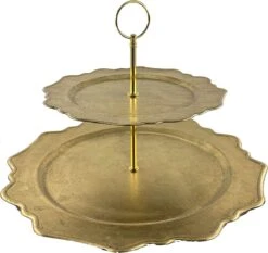 Clayre & Eef Etagère 2 Laags Ø 32x32 Cm Goudkleurig Kunststof Rond Taartplateau Serveerschaal